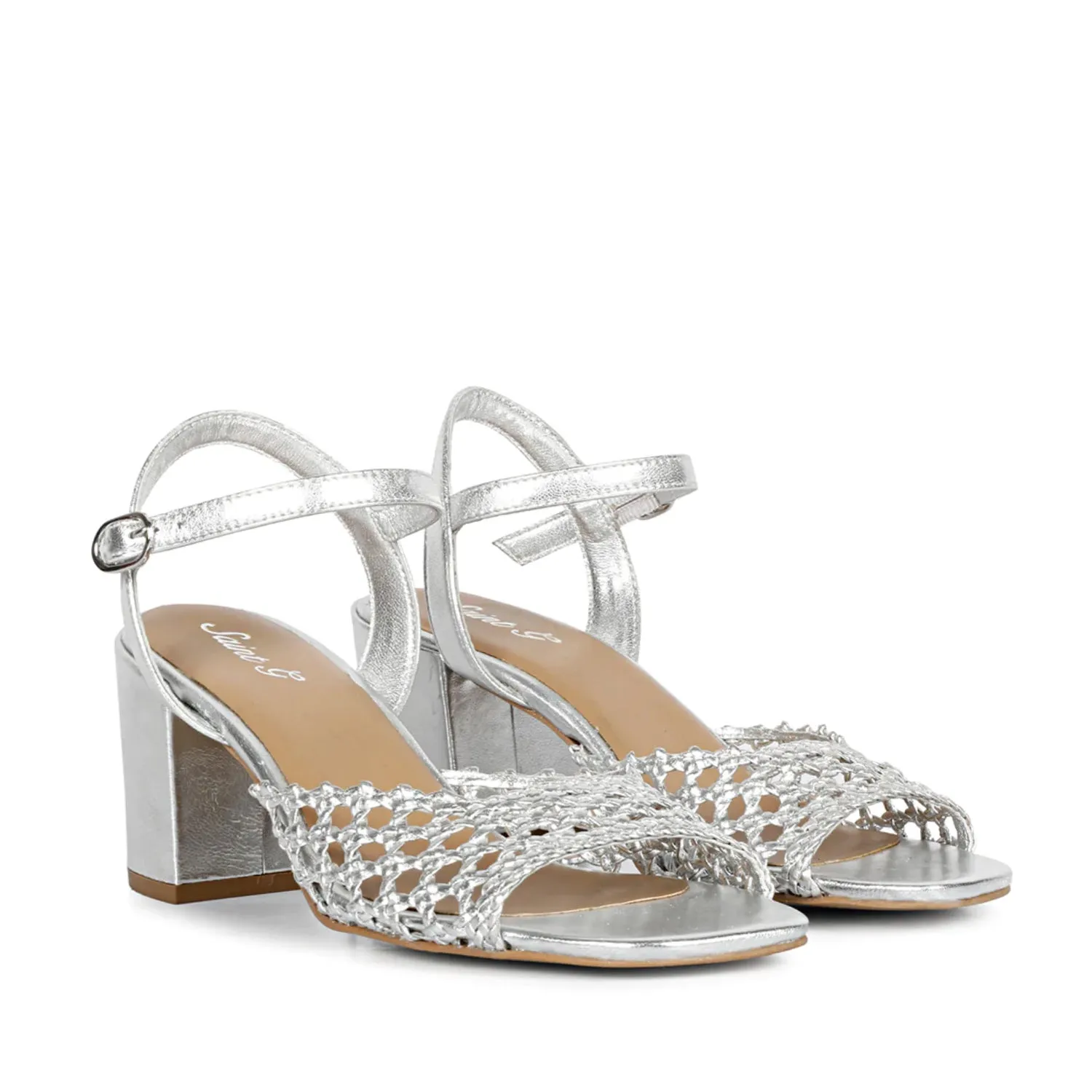 Saint Felicia Silver Hand Woven Leather Block Heels