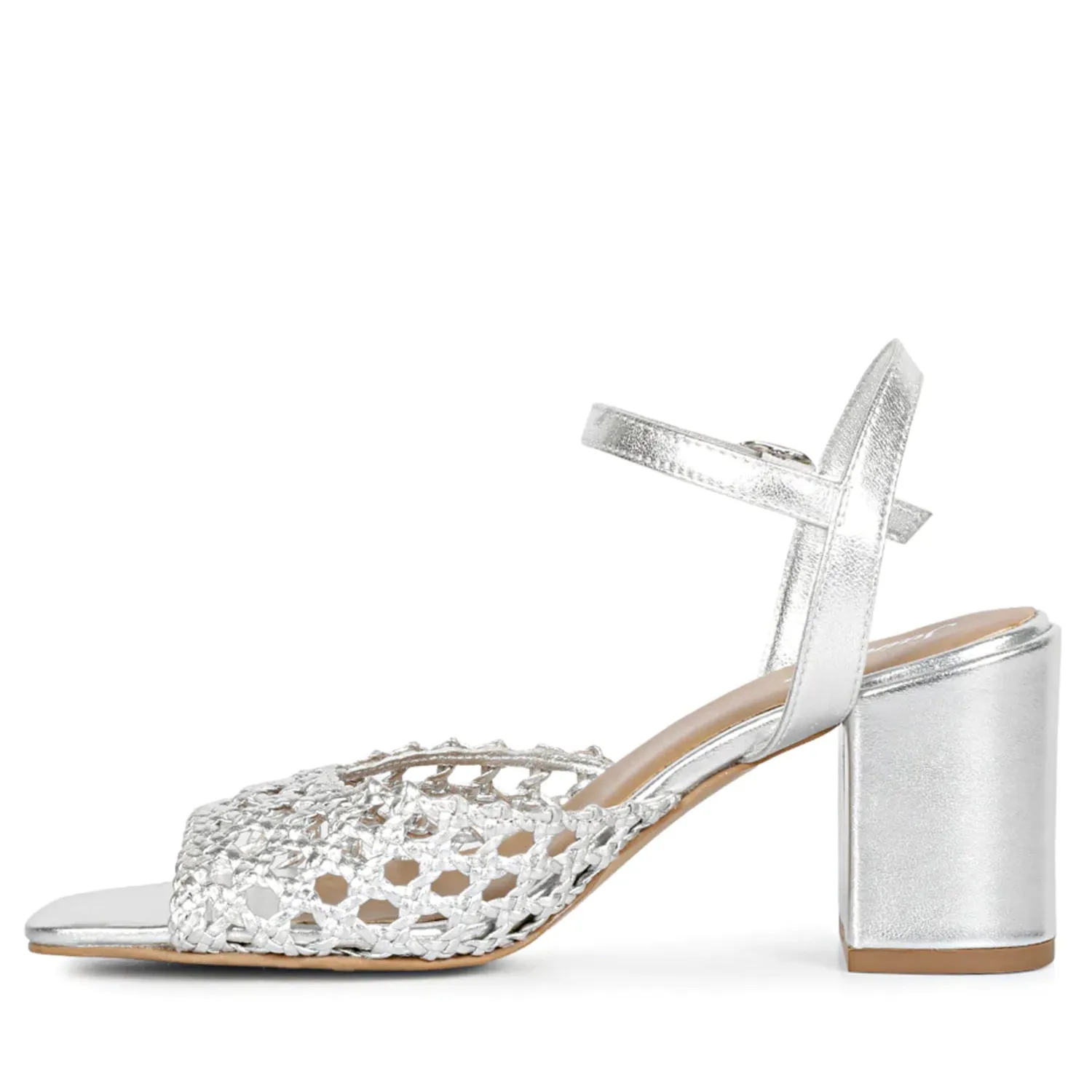 Saint Felicia Silver Hand Woven Leather Block Heels