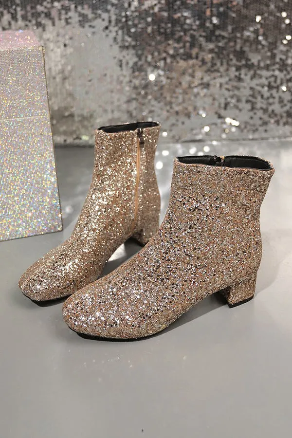 Side Zip Sequin Block Heel Boots