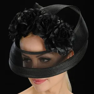 SS9003-Black fascinator mesh straw with satin flowers