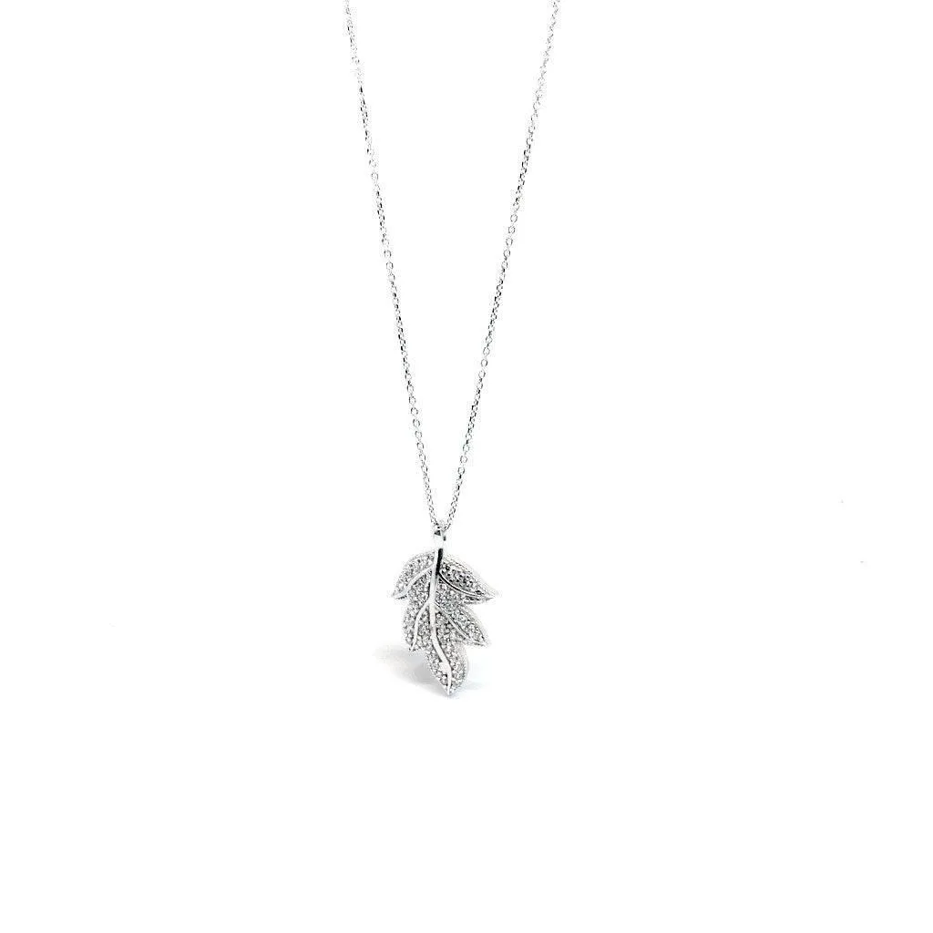 Sterling Silver Necklace with Cubic Zirconia Leaf Design Pendant