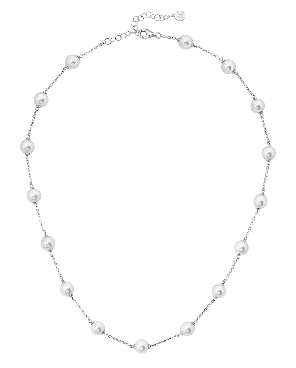 Sterling Silver Rhodium-Plated Chained Necklace for Women with 8mm Round White Pearls, 18-20" Necklace Length, Illusion Collection