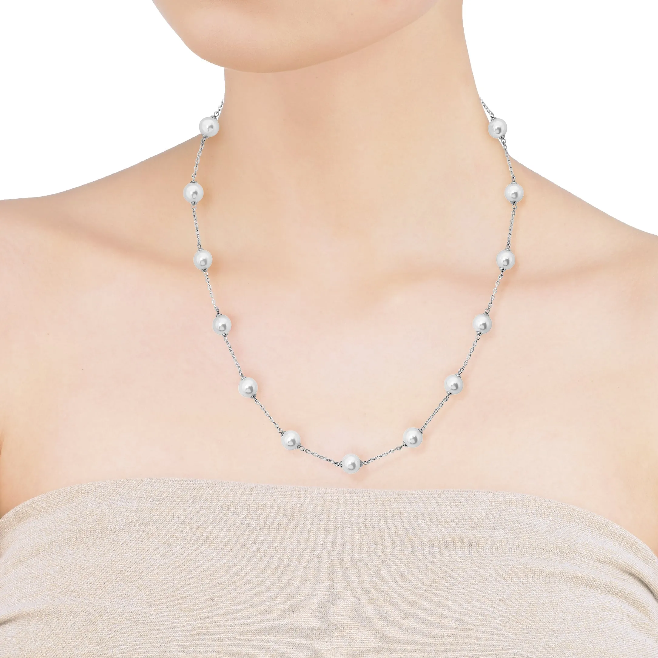 Sterling Silver Rhodium-Plated Chained Necklace for Women with 8mm Round White Pearls, 18-20" Necklace Length, Illusion Collection