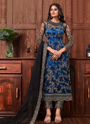 Stunning Blue Embroidered Straight Pant Salwar Suit