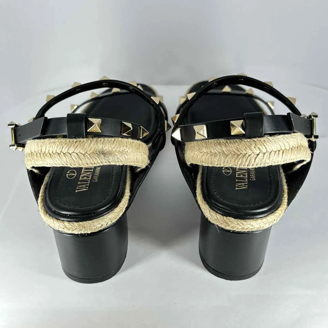 Stylish VALENTINO Black  Gold Studded Jute Heels - Size 7