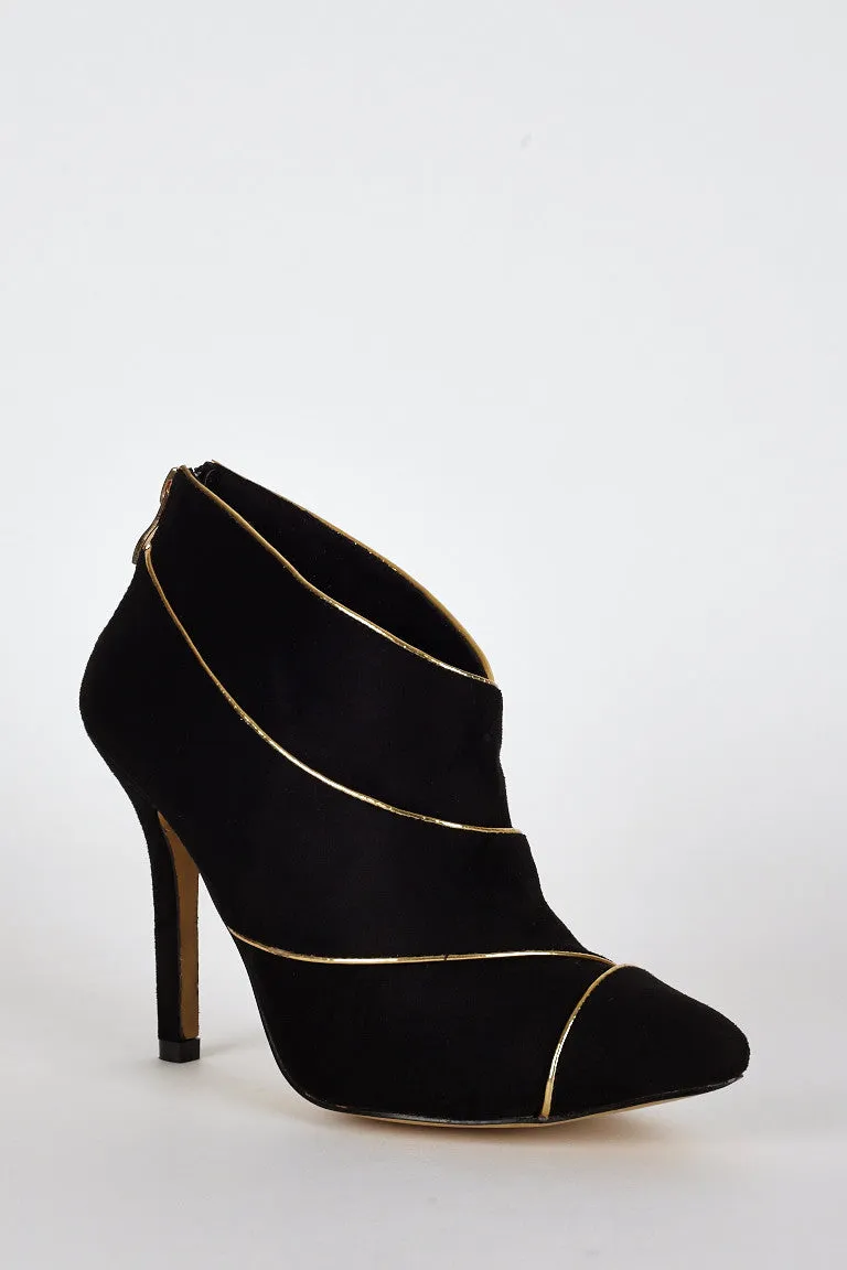 Suedette Gold Coloured Trim High Heel Ankle Boots In Black