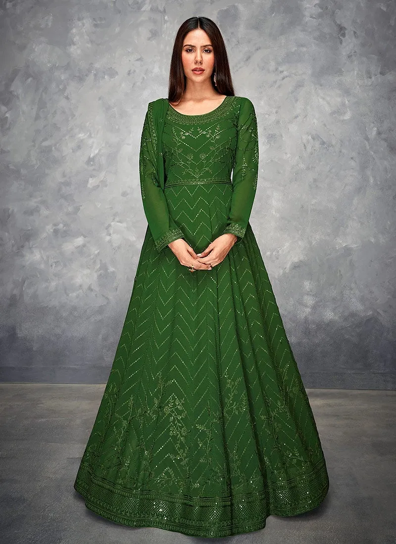 Thread Embroidered Green Georgette Anarkali Suit