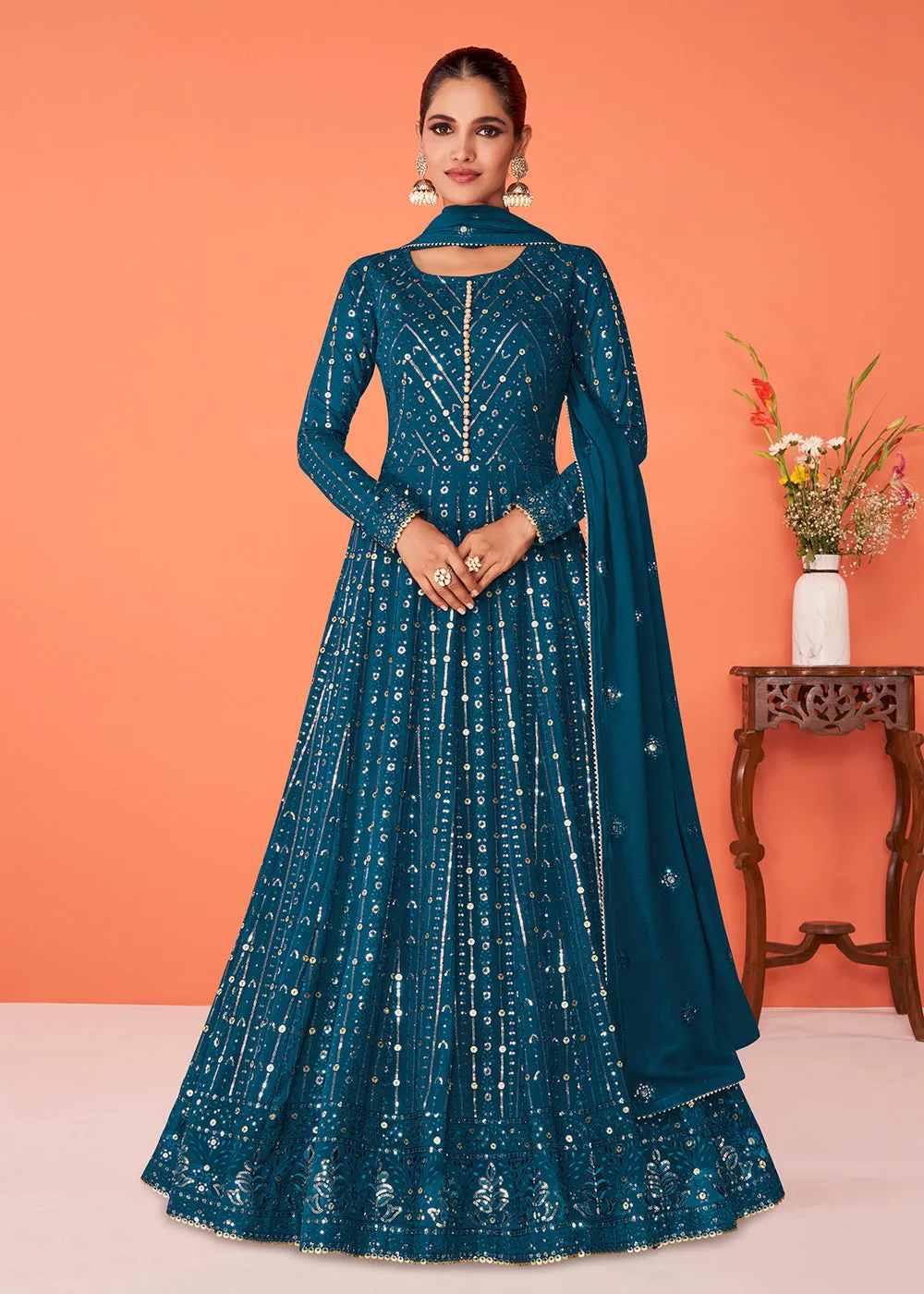 Vivacious Teal Blue Georgette Festive Anarkali Featuring Vartika Singh