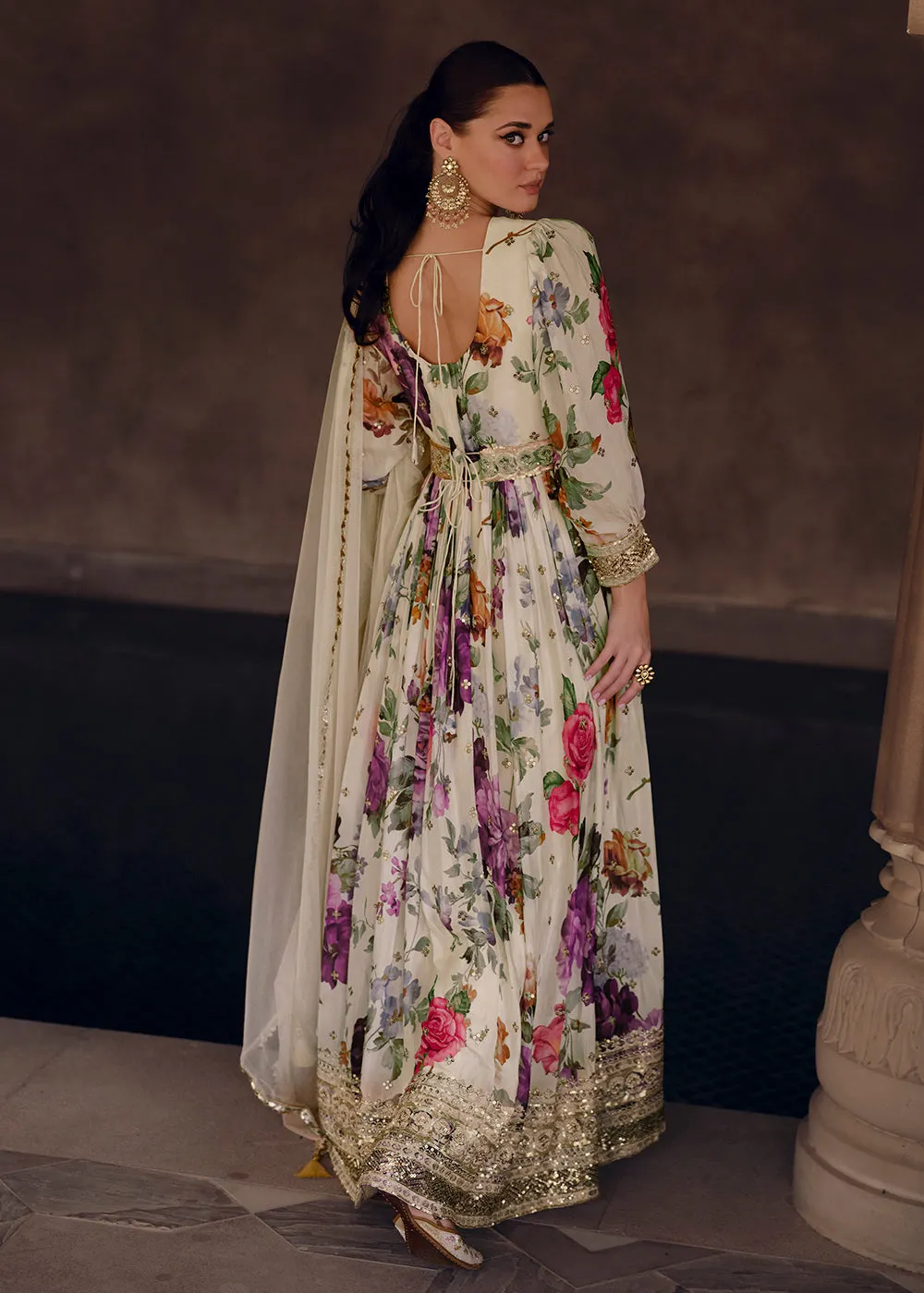 White Floral Digital Printed Designer Anarkali Gown