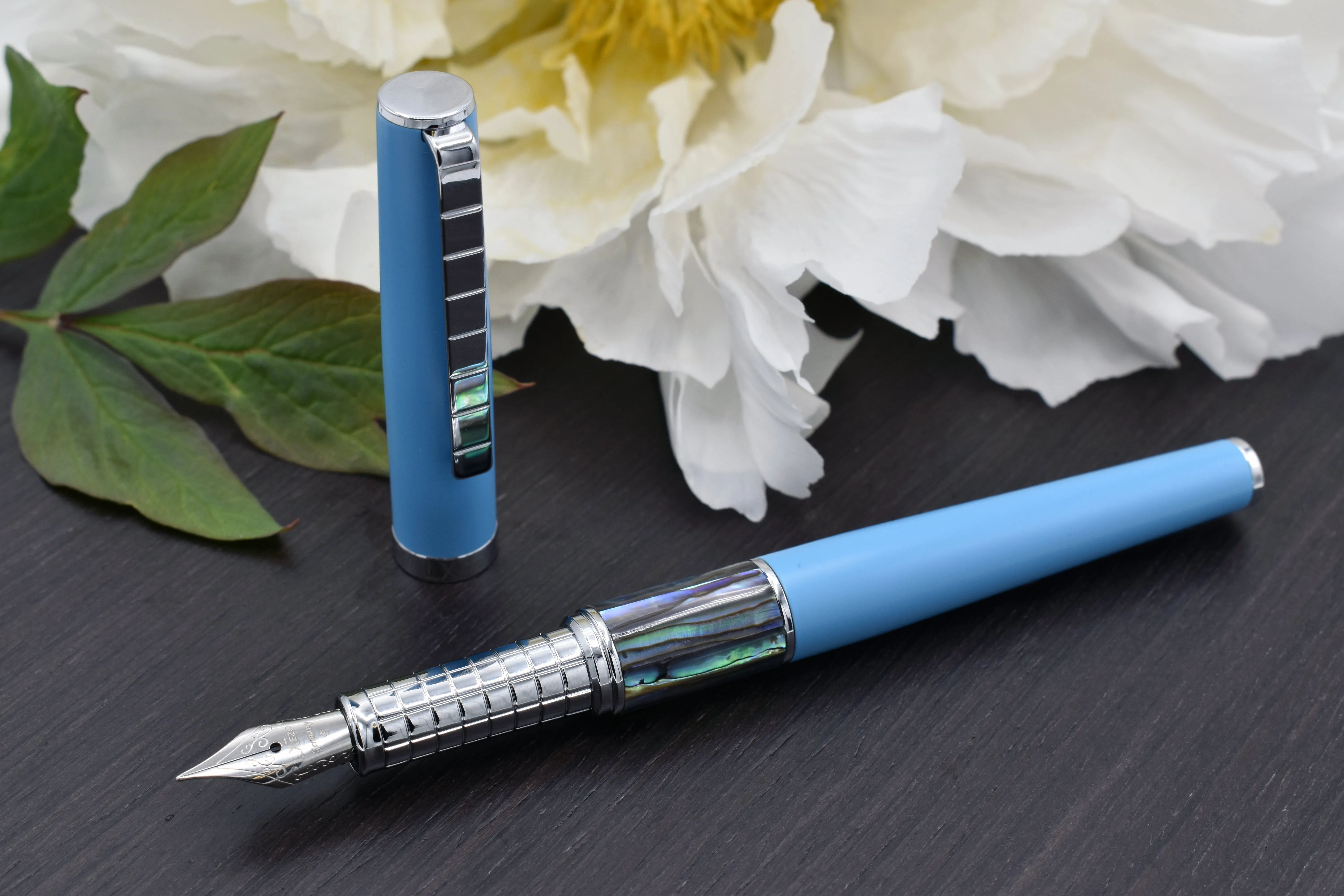 Xezo Speed Master™ Sky Blue Brass Fountain Pen (Fine Nib) - With Paua Abalone