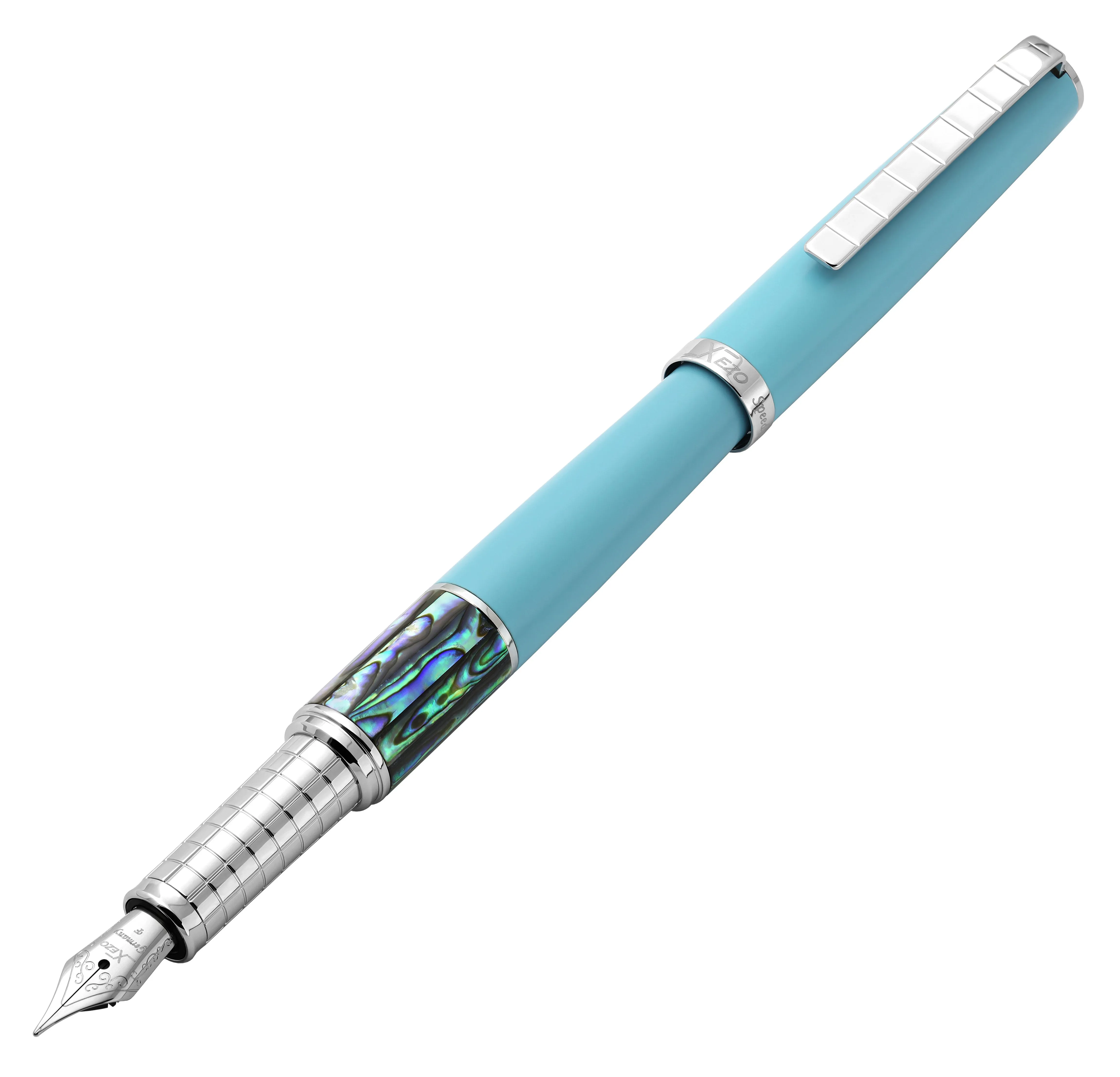 Xezo Speed Master™ Sky Blue Brass Fountain Pen (Fine Nib) - With Paua Abalone